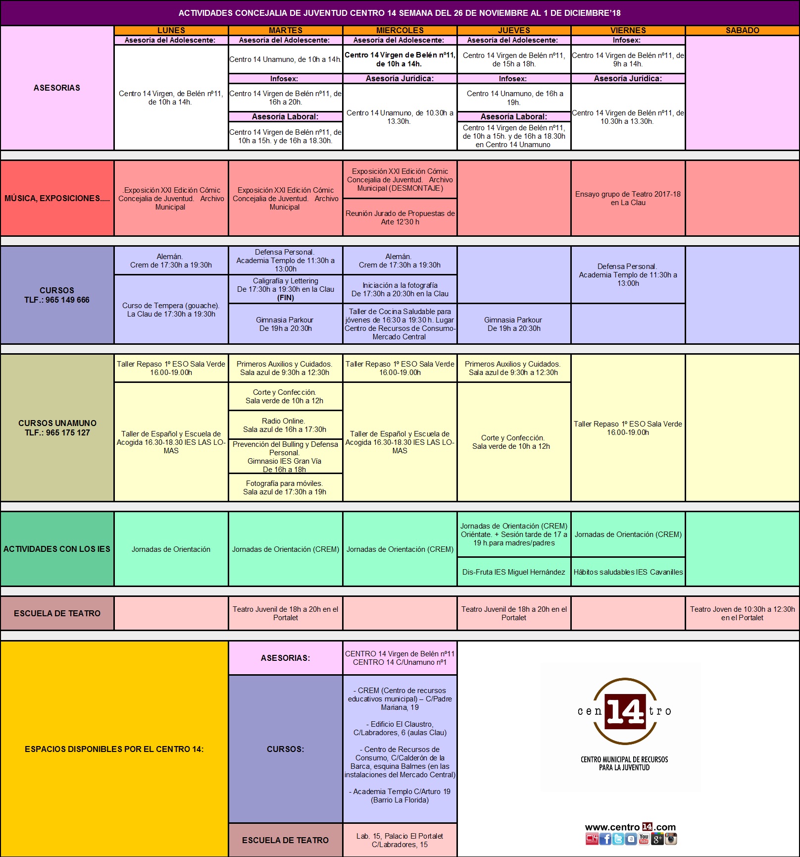 Agenda Actividades Centro 14 Semana Del 26 De Noviembre Al 2 De